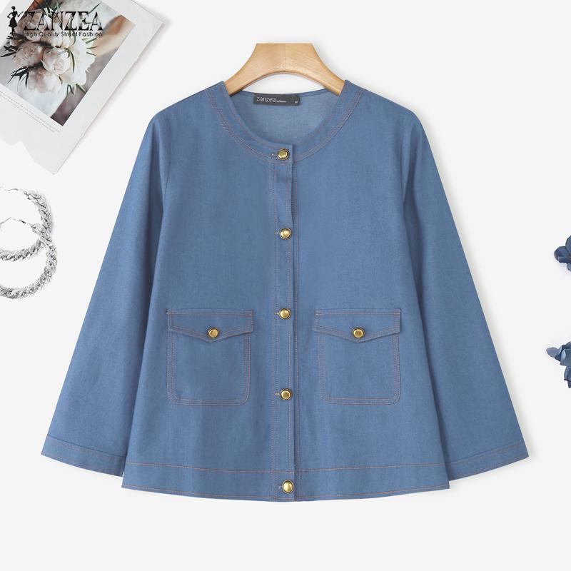 ZANZEA Women Casual Round Neck Long Sleeve Vintage Denim Blouse