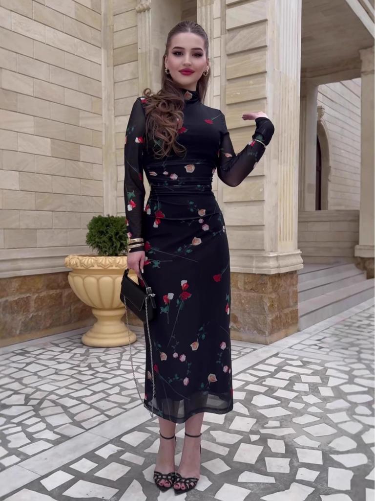 2025 Herbst Schwarzes Netz-Print Schlankmachendes Langarmkleid