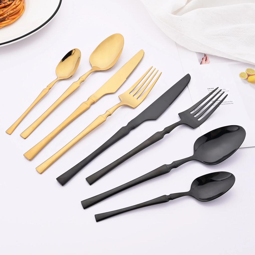 24Pcs Gold Tableware Sets Stainless Steel Cutlery Knife Tea Fork Coffee Spoon Flatware Dishwasher Safe Dinner Kitchen Dinnerware
