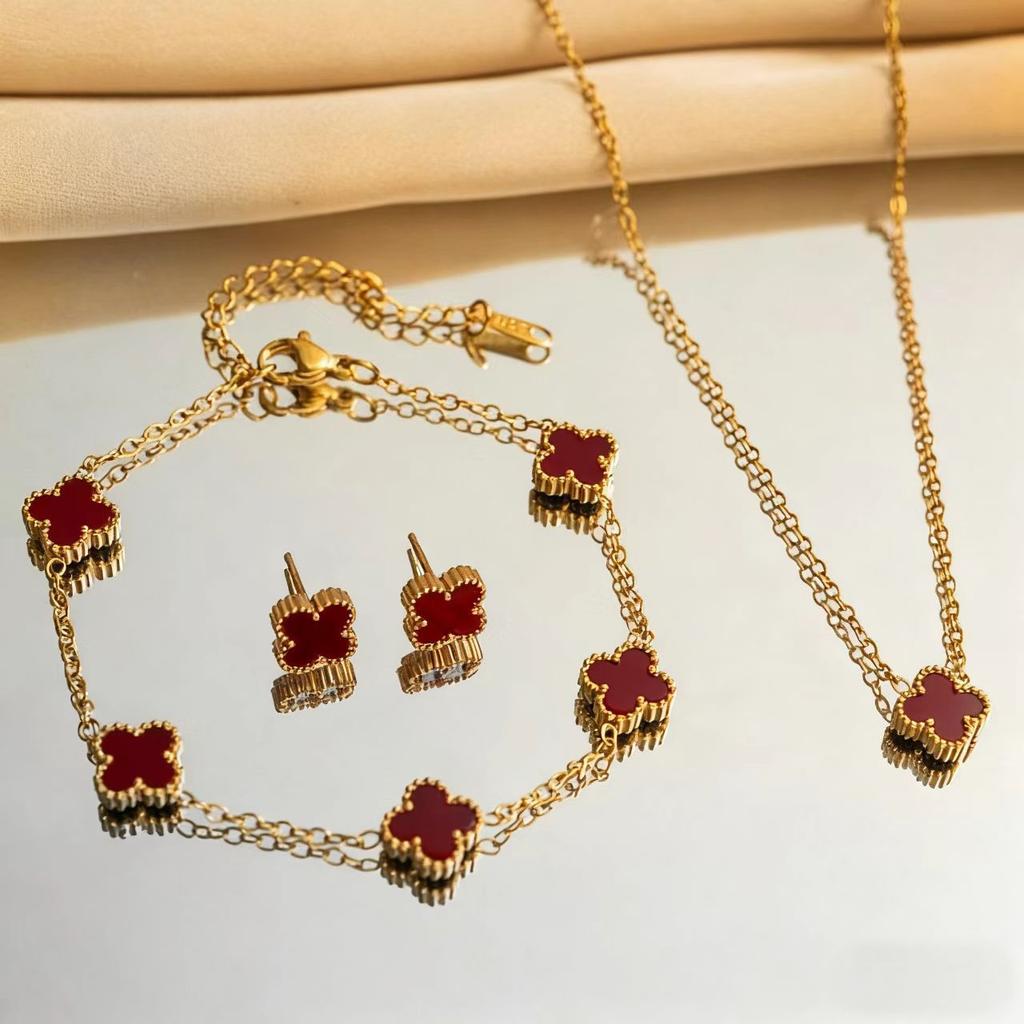 9mm Double-sided Four-Leaf Clover Necklace and Bracelet Set - Stylish Elegant and Luxurious Titanium Steel Jewelry