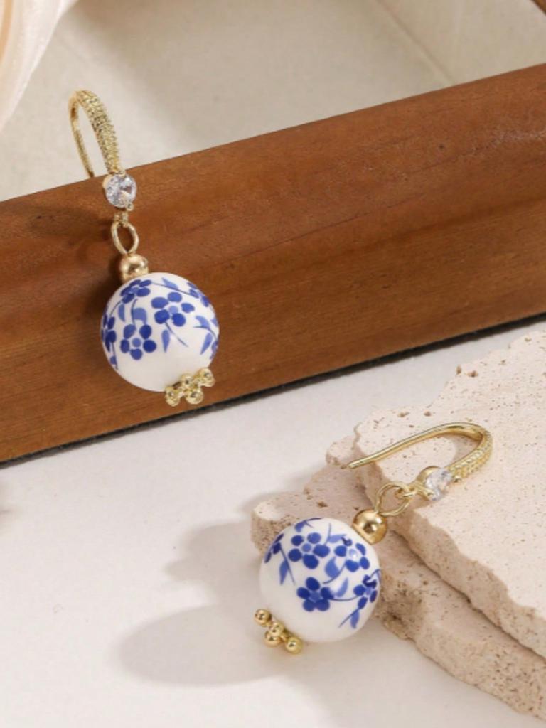 Vintage Blue Floral Porcelain Bead Earrings, Women'S Hand-Painted Ceramic Pendant Earrings, Everyday Bohemian Style Jewelry Gift Set.