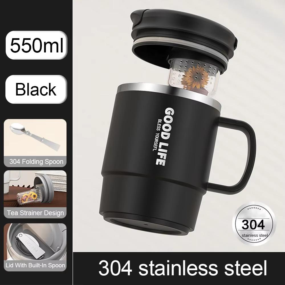 

550ML Coffee Mug With Infuser And Lid Stainless Steel Water Bottle For Office Leakproof Tea Milk Cup Christmas Gifts Drinkware 550ML чорний