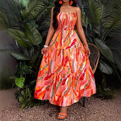 Women's Sexy Strapless Elastic Waist Printed Long Dress