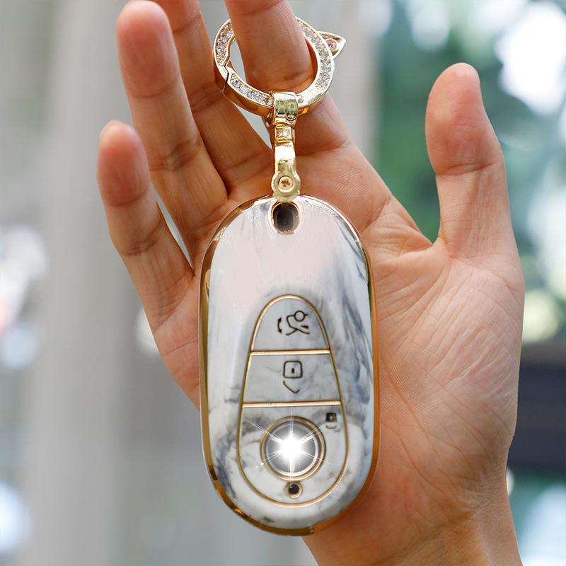 Mercedes-Benz Key Case for C260, LC200L, S400 Maybach, EQE, GLC with Gold Inlaid Jade Shell