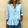 Women Solid Color Ruffle Trim V Neck Three Quarter Sleeve Casual Blouse Shirt