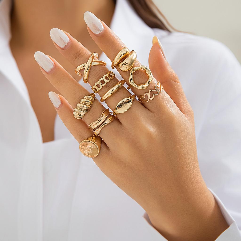 New 10Pcs Geometric Gold Rings Set for Women Vintage Fashion Jewelry Smooth Irregular Party Rings
