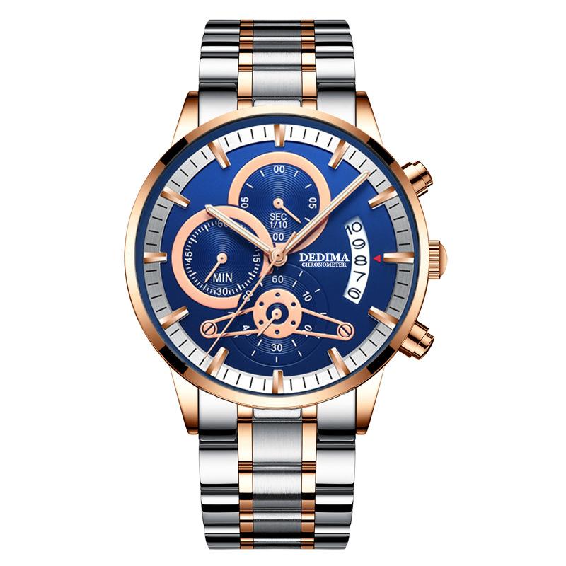 DEDIMA New Quartz Watch Brand Luxury Waterproof Chronograph Luminous Casual Men's Clock Three Eyes 6-pin Multi-function Watches