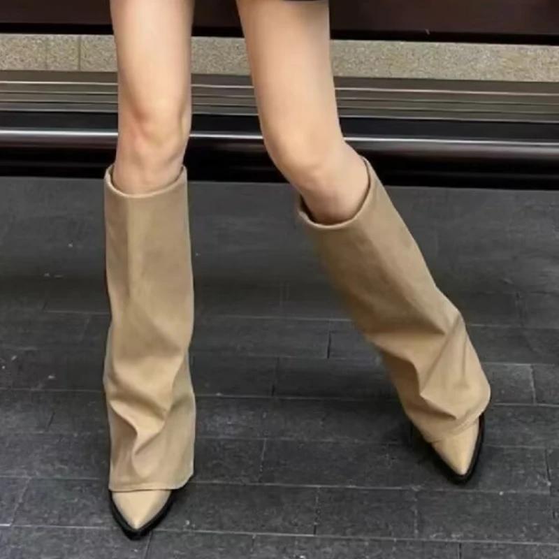 2025 New Fashion Women Knee High Boots Cowboy Chunky High Heels Western Woman Winter Denim Cowgirl Long Shoes Size 35-42