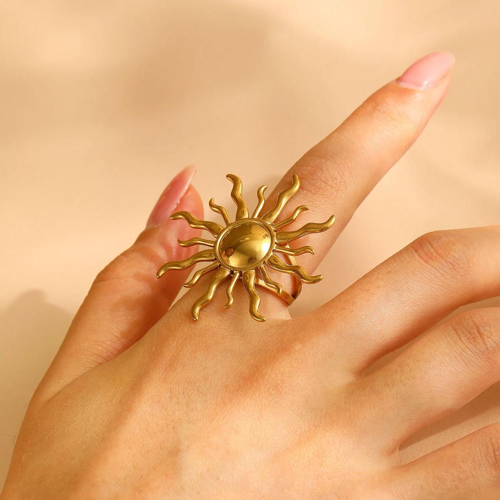 LATS Elegant Stainless Steel Big Bloom Flower Rings for Women 18K Gold-plated Open Rings Finger Jewelry Wedding Her Gift Punk