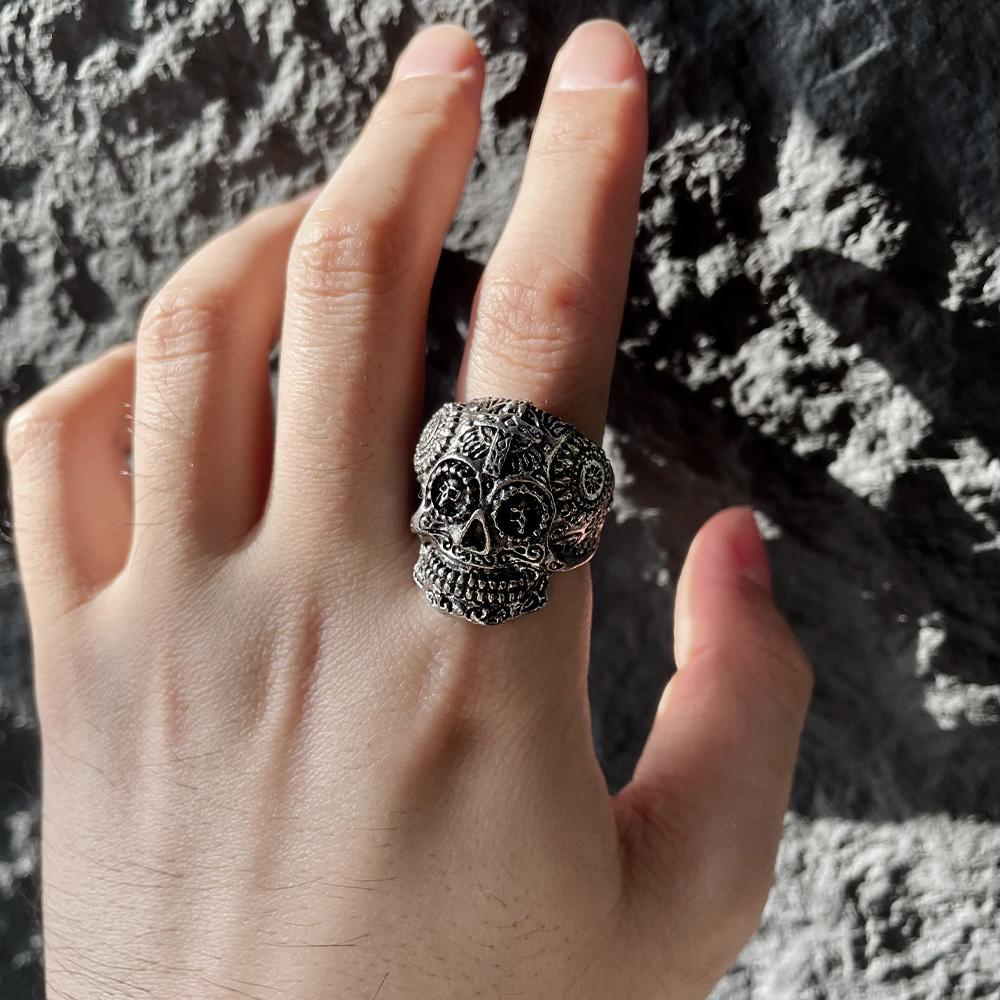 Retro Floral Kreuz Totenkopfring für Herren Steampunk Gothic Verstellbarer Offener Ring Biker Zirkon Streetwear Accessoires Unisex Geschenk
