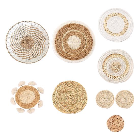 7/9Pcs/Set Boho Wall Basket Decoration Handmade Woven Round Flat Wall Hanging Decor Bohemian Decorative Rustic Rattan Seagrass Wicker Wall Art