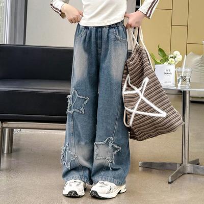 Lente Herfst Kinderbroeken Meisjes Jeans Tieners School Ster Ontwerp Casual Wijde Jeans voor Meisje Elastische Taille Kinderen Rechte Broeken