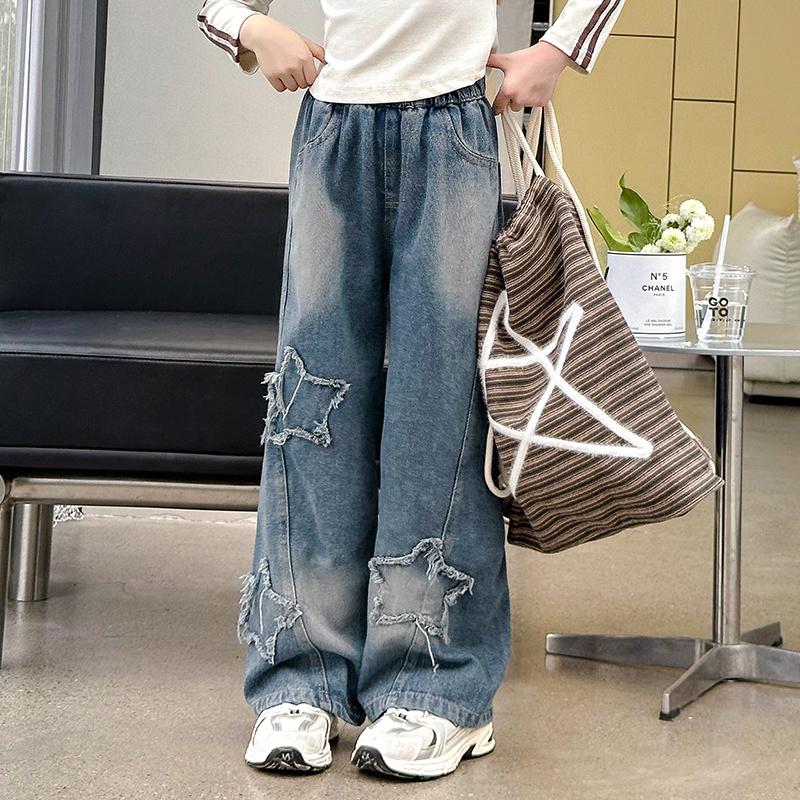 Spring Autumn Children Trousers  Girls' Jeans Teens School Star Design Casual Loose Jeans for Girl Elastic Waist Kids Straight Pants