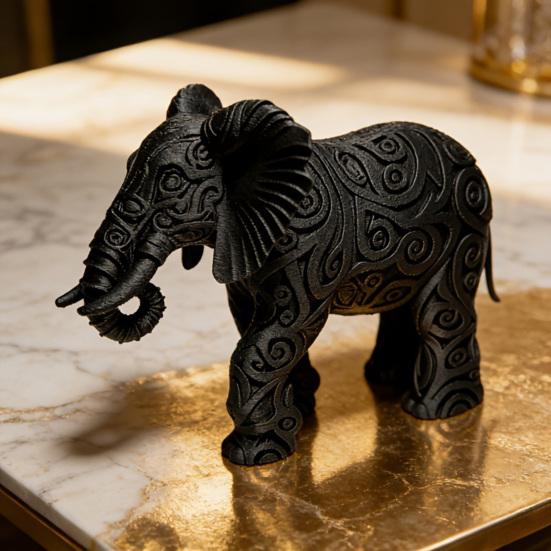 Black Elephant Figurine 3D Printed Elephant Ornament Tribal Style Elephant Statue for Home Table Desk Shelf