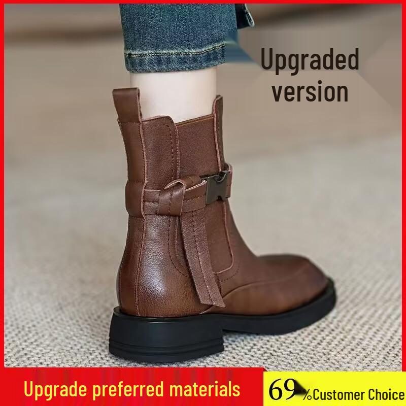 

Жіночі ретро черевики челсі з натуральної шкіри - Масивний каблук, Еластична щиколотка, Універсальний круглий носок, Товста підошва, Стрункий середній каблук для осені/зими. 39