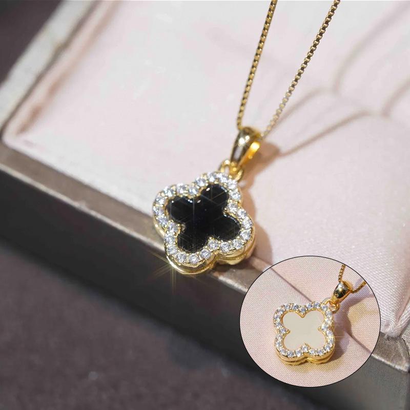 Women's Minimalist Clover Micro-Stud Necklace - Trendy Japanese & Korean Influencer Style, Double-Sided with Clavicle Chain