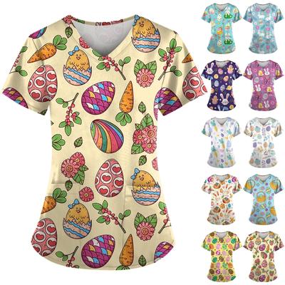 Plus Size Printed Scrub Working Uniform Tops For Women's V-Neck Short Sleeve Fun T-Shirts Workwear Tee With Pockets