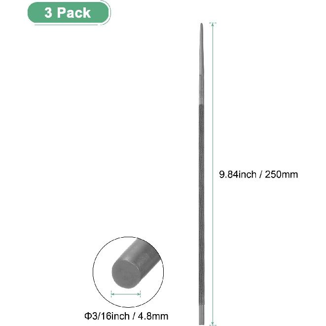 3-Pack Chainsaw Sharpening File, 3/16 Inch Round Sharpening File Steel Chainsaw File Without Plastic Handle for Sharpening/Chainsaw/Round Files