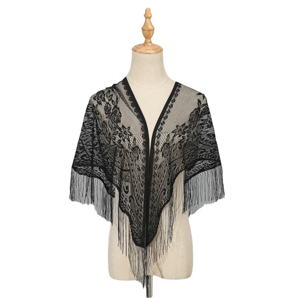 Polyester Lace Hollow Scarf Embroidery Mesh Scarves Elegant Tassel Triangle Shawl  Wedding