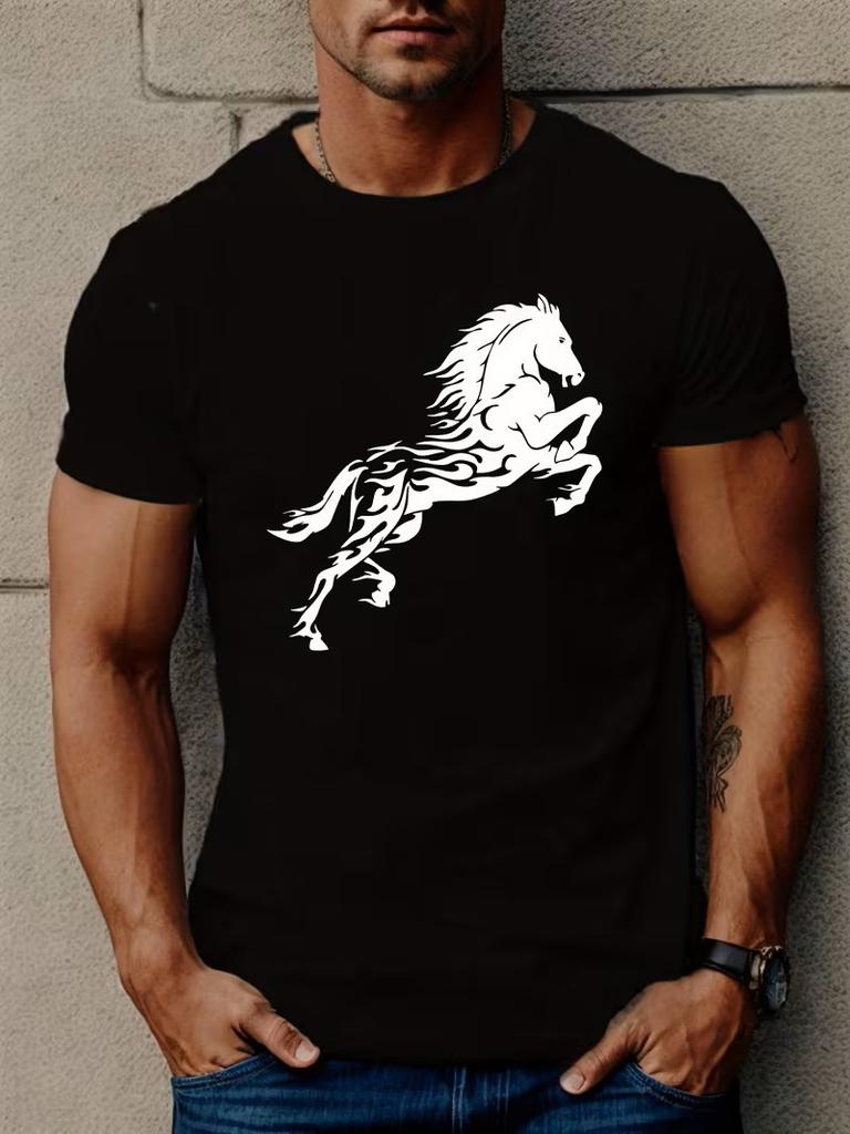 Men's Black T-Shirt Flame Horse Graphic Tee Cotton Casual Short Sleeve Tee Top