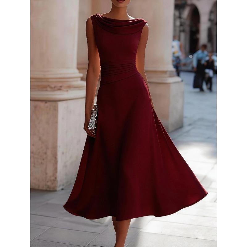 Tificy Spring Summer Fashion Womens Solid Color Print Sleeveless Oneck High Waist Casual Dresses