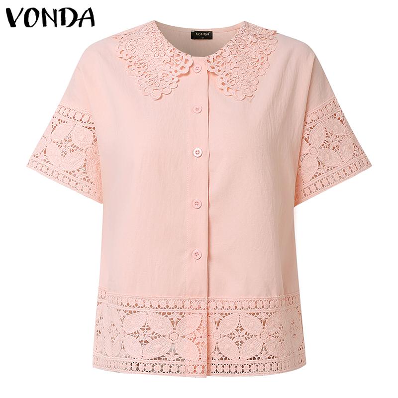 

VONDA Women Lapel Neck Lace Patchwork Buttons Up Crochet Casual Elegant Blouse 5XL