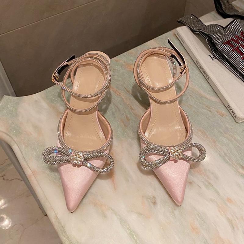 Sandals New Women's Rhinestone Bow Women's Shoes Thin Heel Bag Head French Beautiful Cool High Heels