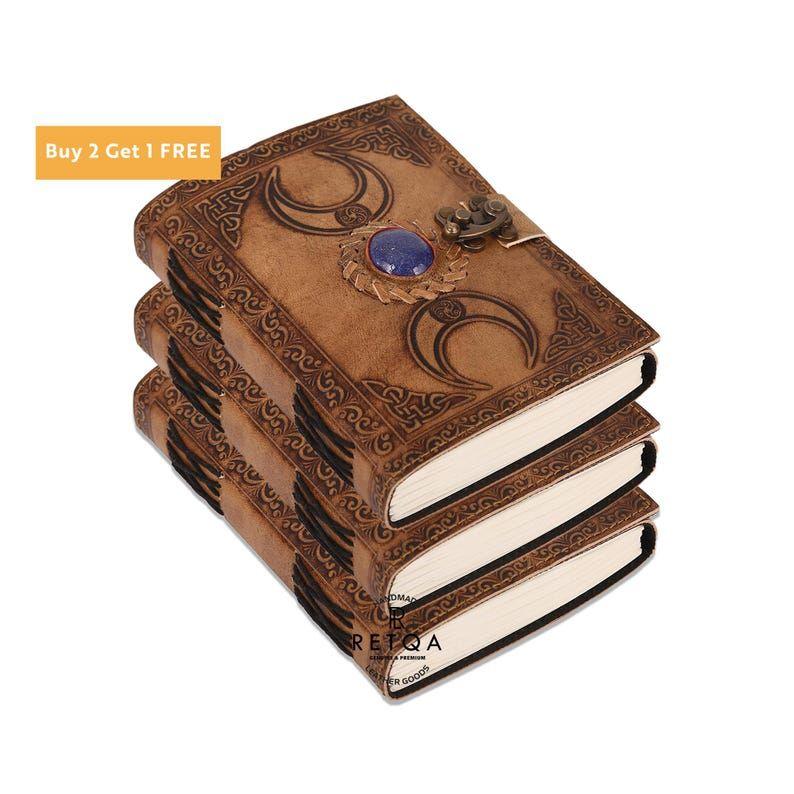 Buy 2, Get 1 FREE! Handcrafted Charcoal Leather Journal – Premium Genuine Leather, Embossed Moon Phase & Lapis Lazuli Stone