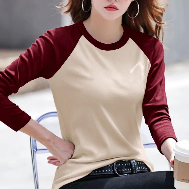 Women Clothes Round Neck Long Sleeve T-Shirt For Women Spring Autumn Double-Sided Color-Block Base Shirt Warm Top