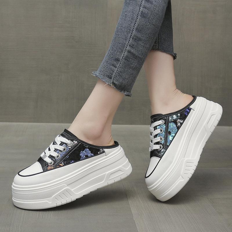 Fashion 2024 Fashion Women's Slippers with Shiny Sequins, Waterproof Platform, and Backless Lazy Toe Cap slides women