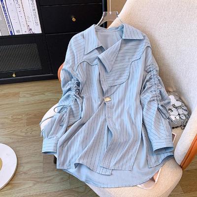 Camicia monopetto a maniche lunghe con pieghe a righe in stile coreano, primavera estate, casual da donna, con colletto rovesciato, ampia camicetta