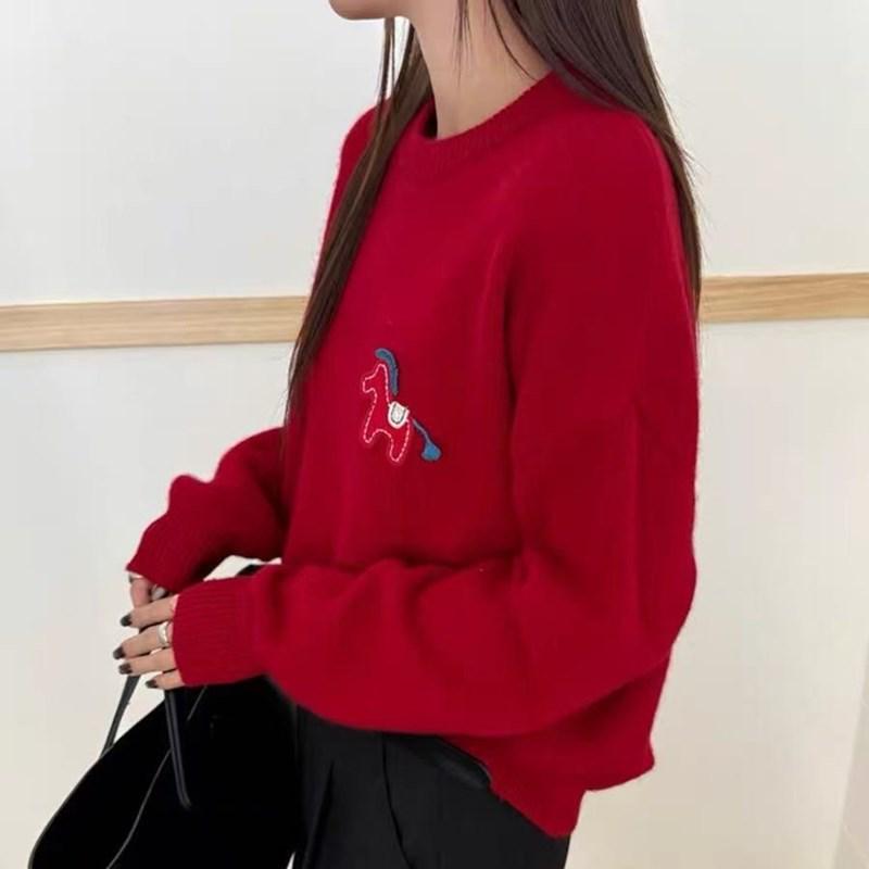 Women's European-Style 100% Pure Wool Red Sweater, Small Horse Embroidery, Round Neck, Loose Fit, New Year Knitted Pullover