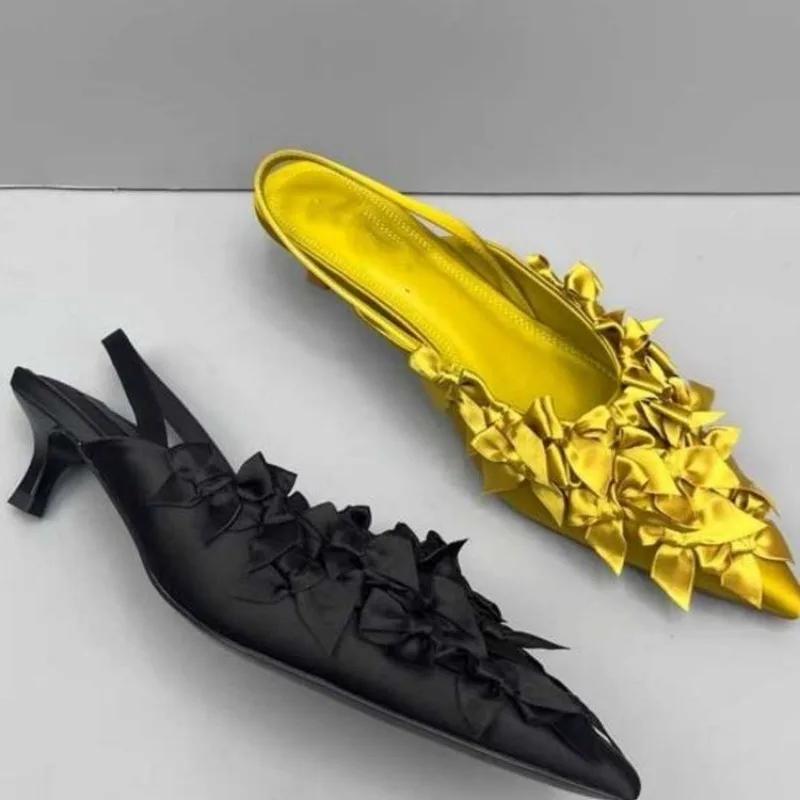 Fashion 2024 High Quality Women's Shoes Summer Fashion Slip-on Toe Sandals Solid Color Stiletto Heels Bow Decorated Women's Sandals