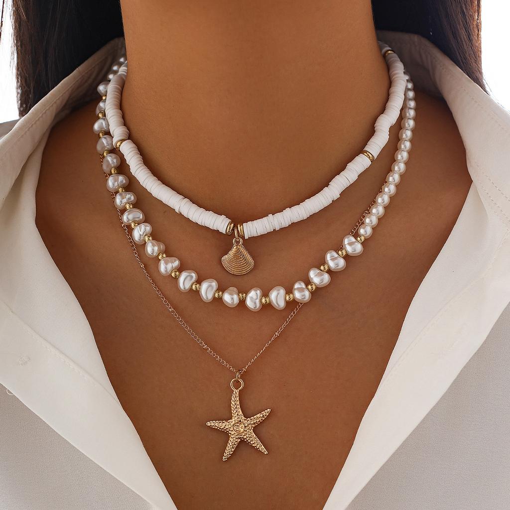 Beach Soft Pottery Imitation Pearl Stacked Gravel Necklace Women'S Irregular Shell Starfish Beaded Necklace