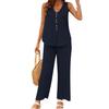 2 Pcs/Set Women Vest Pants Set Sleeveless V Neck Button Decor Wide Leg Straight Loose Solid Color Lady Top Trousers