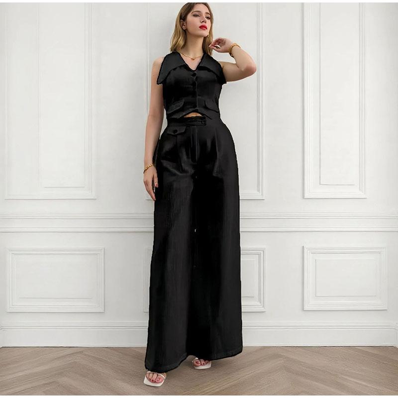 2025 spring and summer new women's solid color blouse sleeveless waist two-piece casual trousers suit