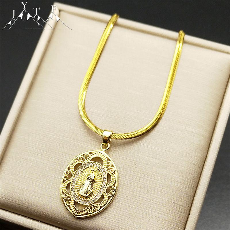 Fashion Virgin Mary Copper Zircon Gold Plated Pendant Necklace for Women Stainless Steel Chain Handmade Jewelry Gift ZZZ592-1