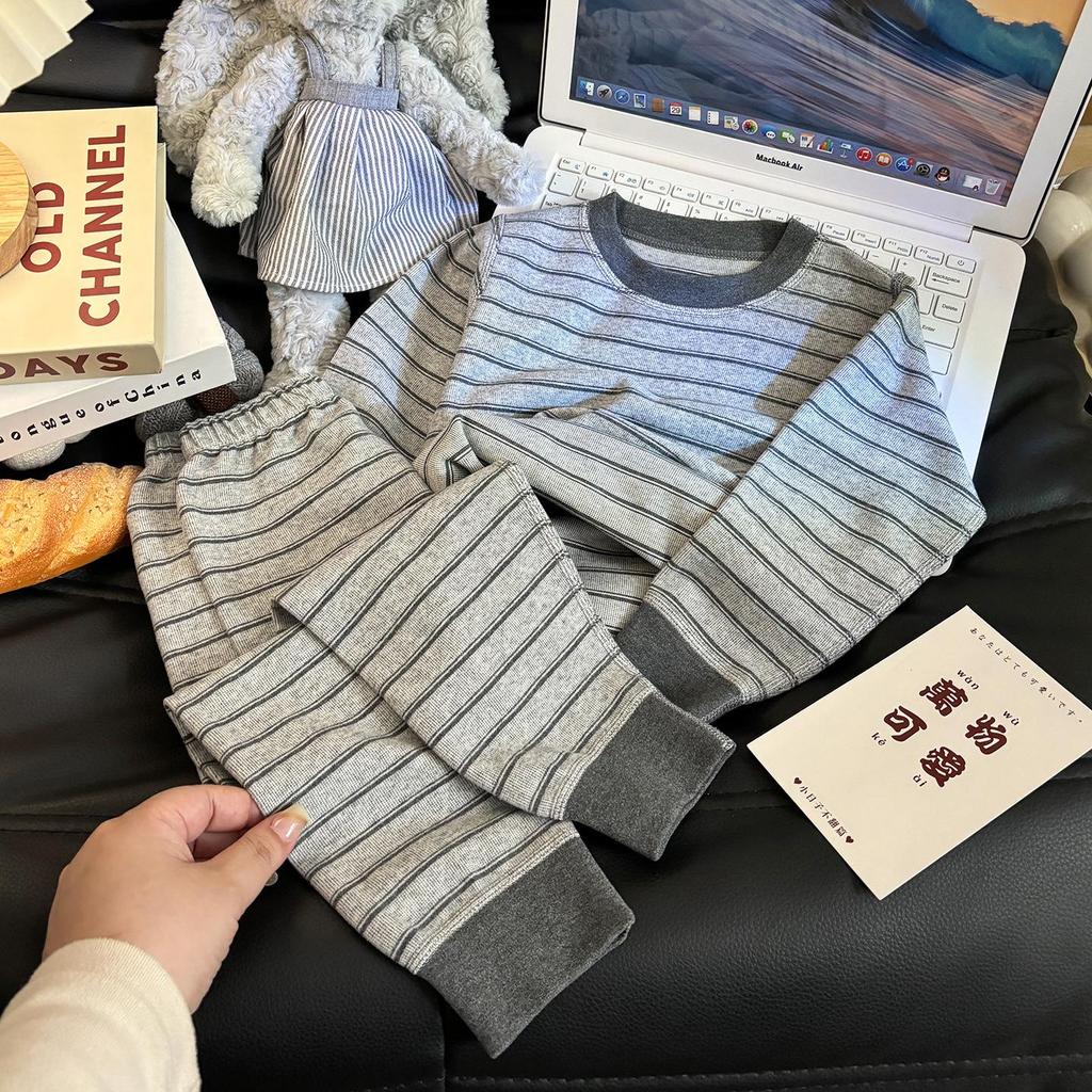Children's Velvet Cotton Underwear Set: Thickened Autumn Striped Home Wear for Boys and Girls