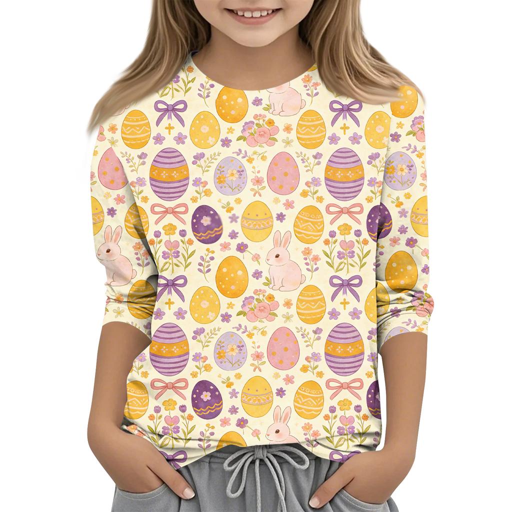 Children's Seven Quarter Sleeve Easter Print Round Neck Print Casual Top