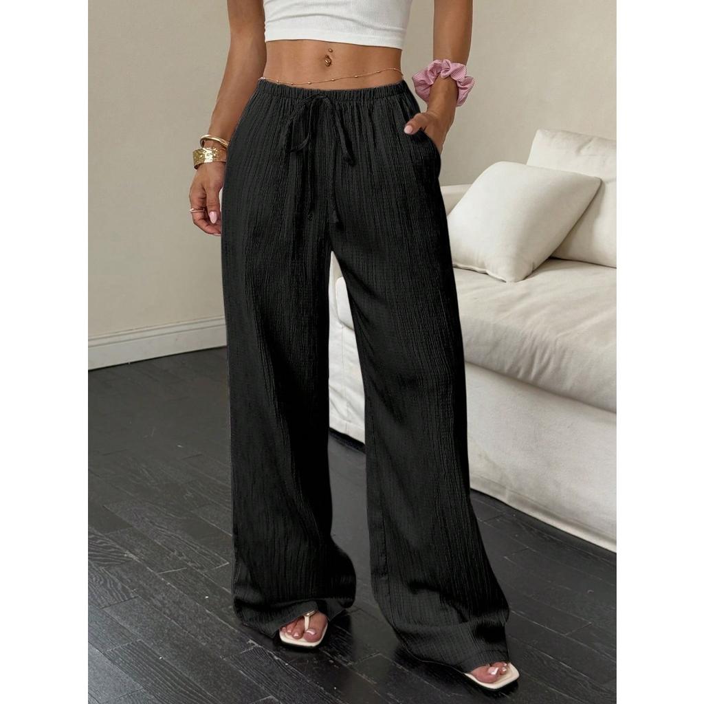New Women's Casual Solid Color Textured Fabric Knotted Waist Slanted Pocket Wide Leg Pants