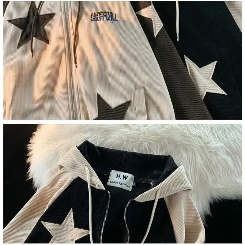 Y2K Vintage Corduroy Stern Patchwork Reißverschluss Hoodie Unisex Lockerer Schnitt Lässiges Sweatshirt