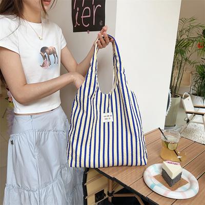 Japanese and Korean, Striped, Hand-held Tote Canvas Bag, Women, Summer, Large Capacity, Commuting, Shoulder Bag, Work Tote Bag