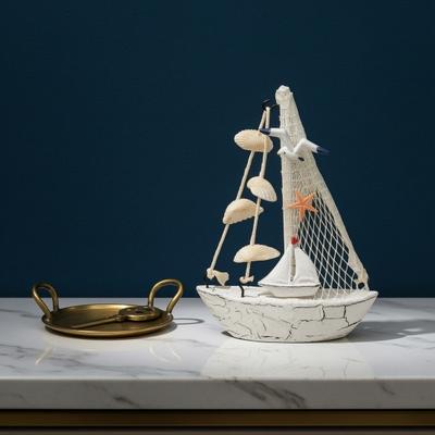 Modelli di Velieri in Legno Nautico Stile Spiaggia Costiera Nave Blu Bianca Statuetta da Tavolo per Casa Soggiorno Ufficio Arredamento Rustico