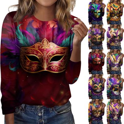 Damska luźna wygodna codzienna modna bluza z kapturem z długim rękawem i świątecznym nadrukiem z okrągłym dekoltem