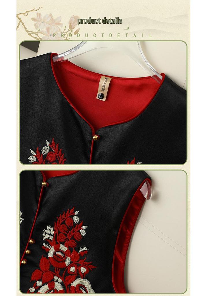 Women's Red Sleeveless Vest with Chinese Embroidery - Stylish & Versatile