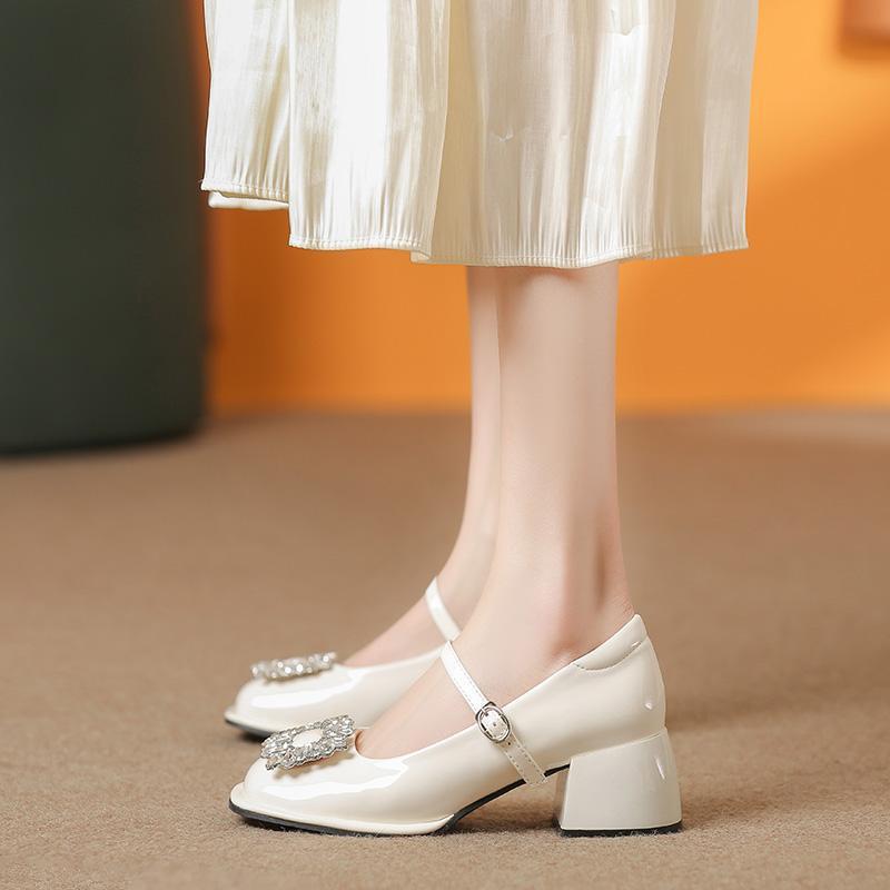 Shallow Rhinestone Mary Jane Shoes Women's French Retro Thick Heel with Daily Skirt High Heel Red Bridesmaid Shoes