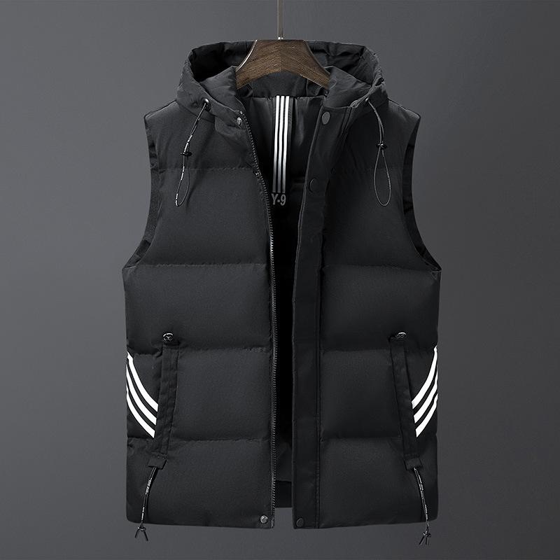Men's Winter Washed Cotton Vest Large Size Slim Fit Hooded Vest Youth Three Stripes Versatile Sleeveless Jacket