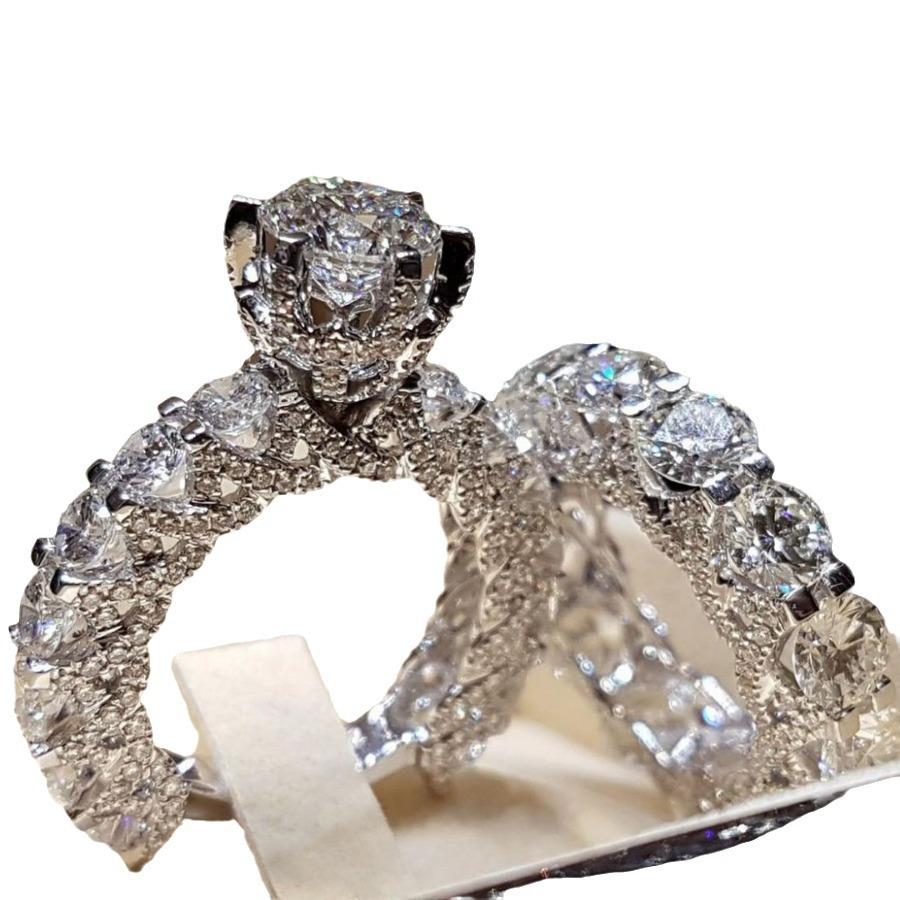 2Pcs European and American ladies round zirconia-set fashionable matching rings. Simple and retro style rings. 5