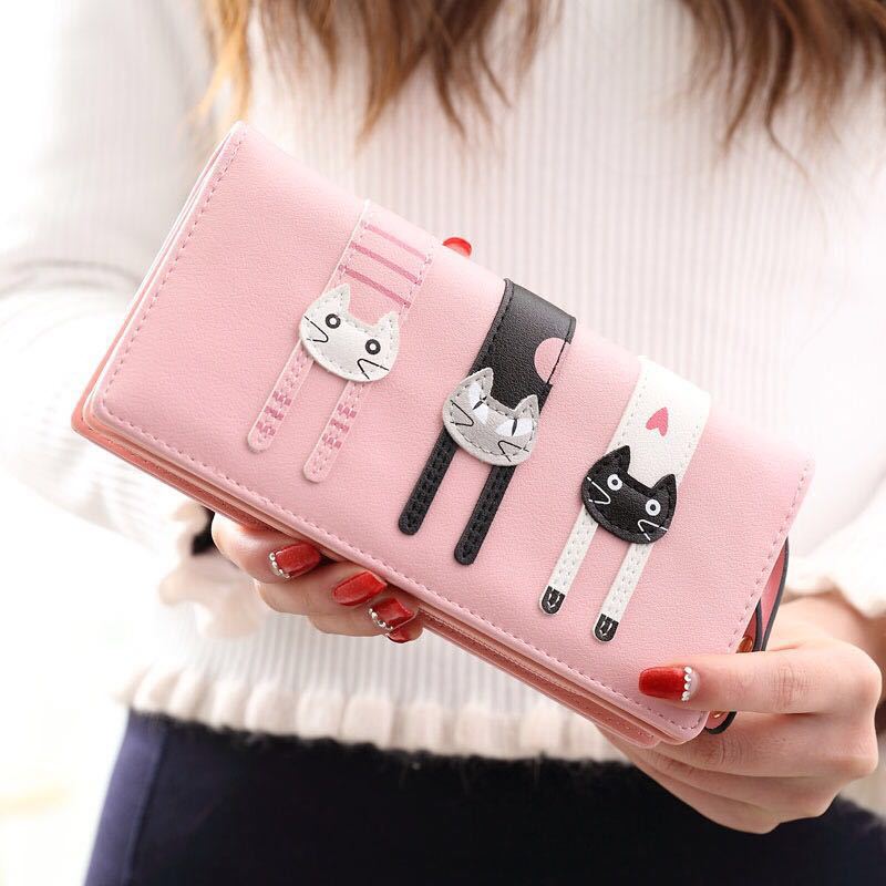 Damen Portemonnaie Abriebfestes Leder Portemonnaie Niedliche Katzen Kartenhalter Handy Tasche Lange Clutch Münzbörse Für Kinder Mädchen