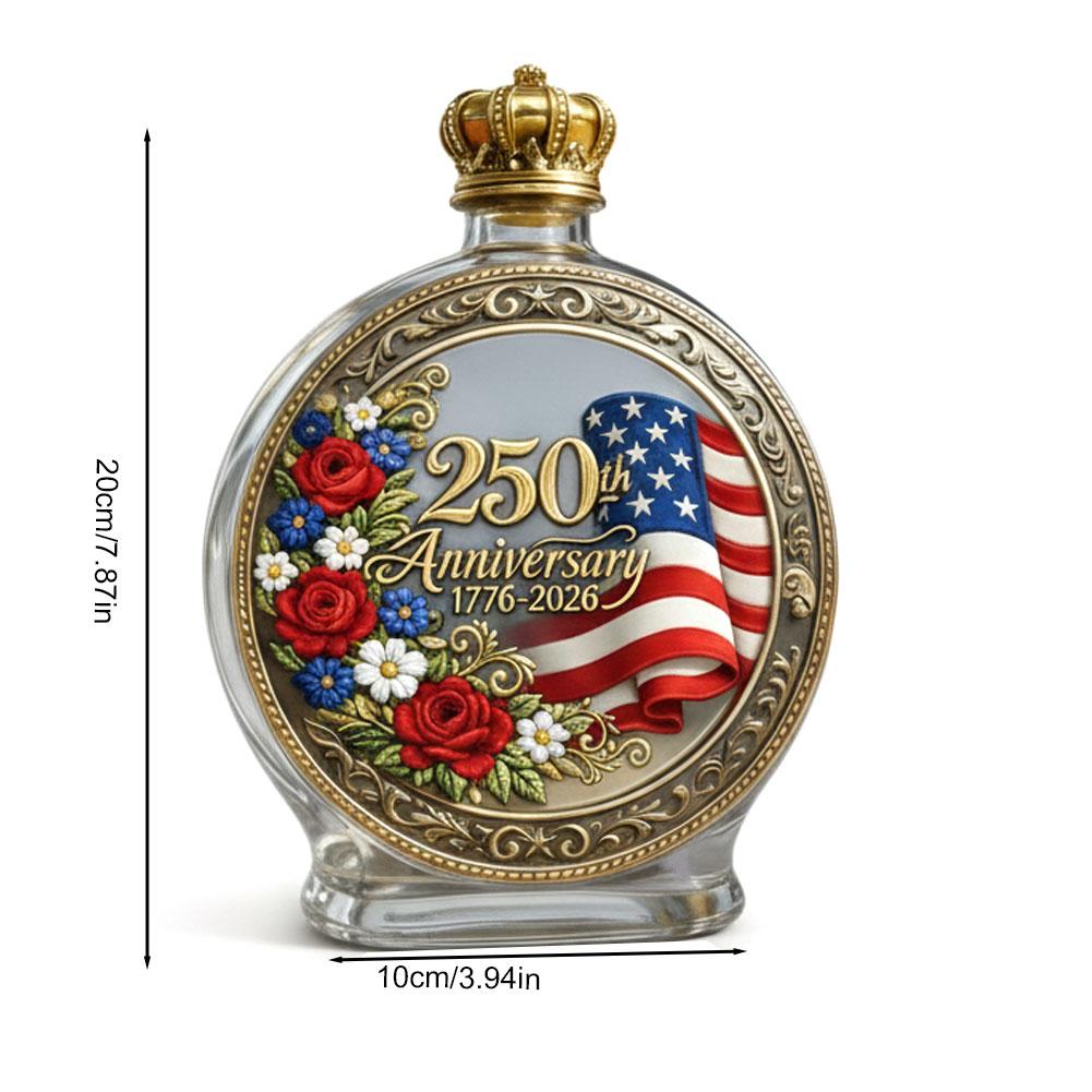 250th Anniversary Glass Decanter Bottle 3D Embossed USA Flag Floral 1776-2026 Liquor Bottle for Bourbon Scotch Fathers Day Gift
